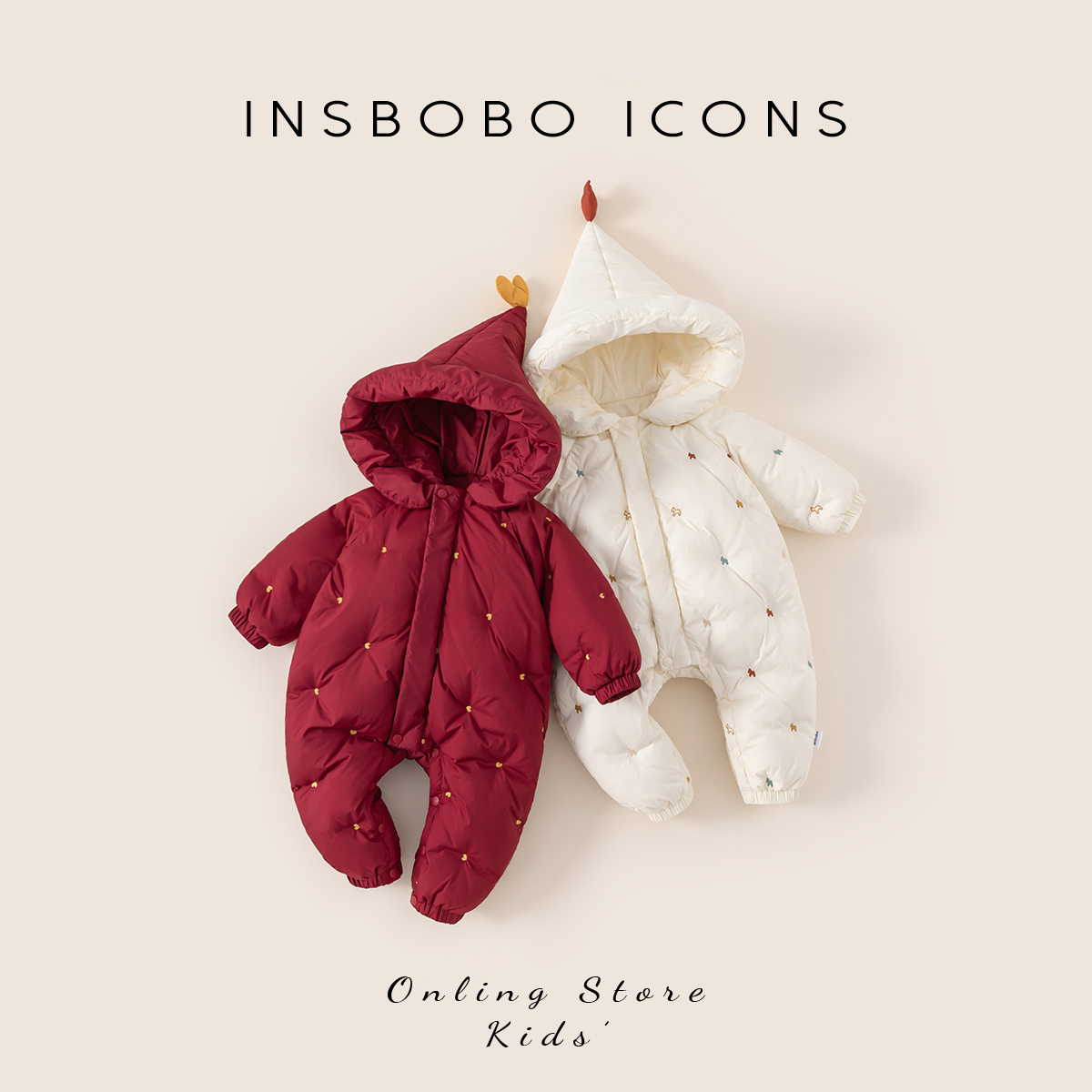 INSbobo婴童保暖羽绒爬服冬季连体爱心绣花连帽羽绒爬服潮DY15022