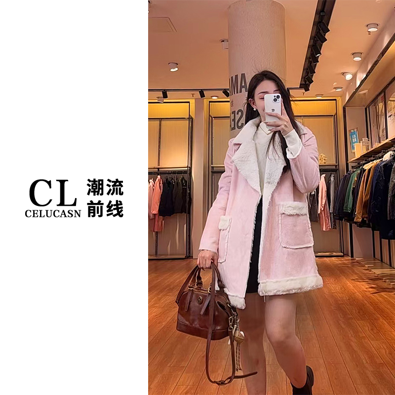 K5WB8162#粉色小香风皮毛一体外套女冬新款爆款韩系加绒加厚