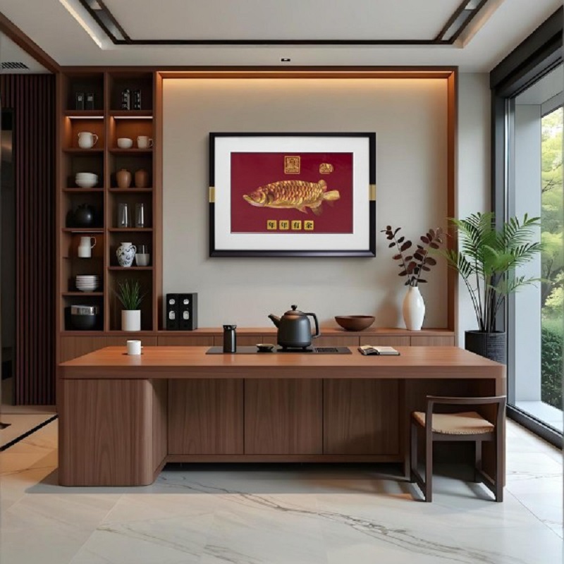 新中式金龙鱼刺绣背景墙装饰画客厅玄关茶室酒店餐厅挂画鱼6080