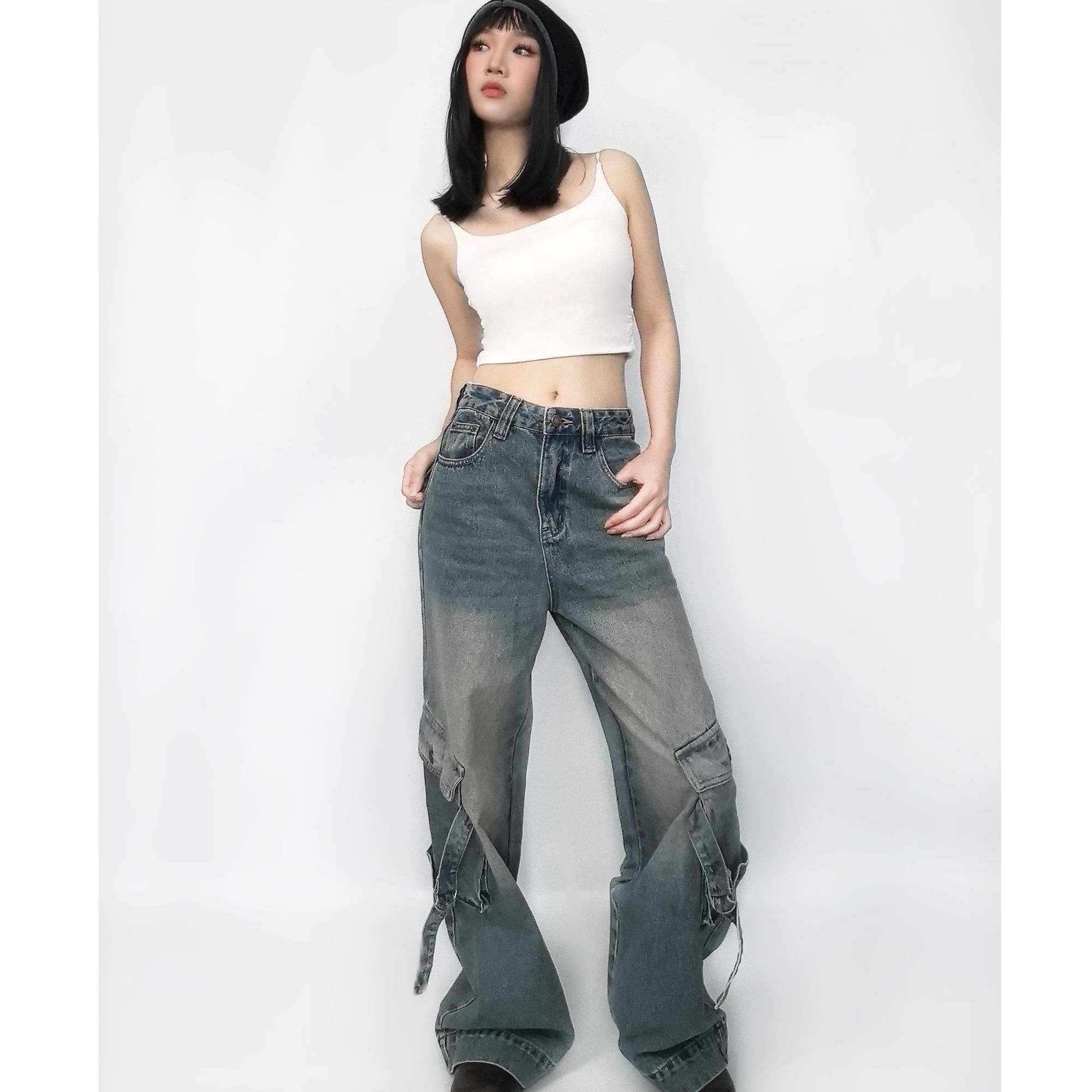 CC0163织带宽松设计感牛仔工装裤