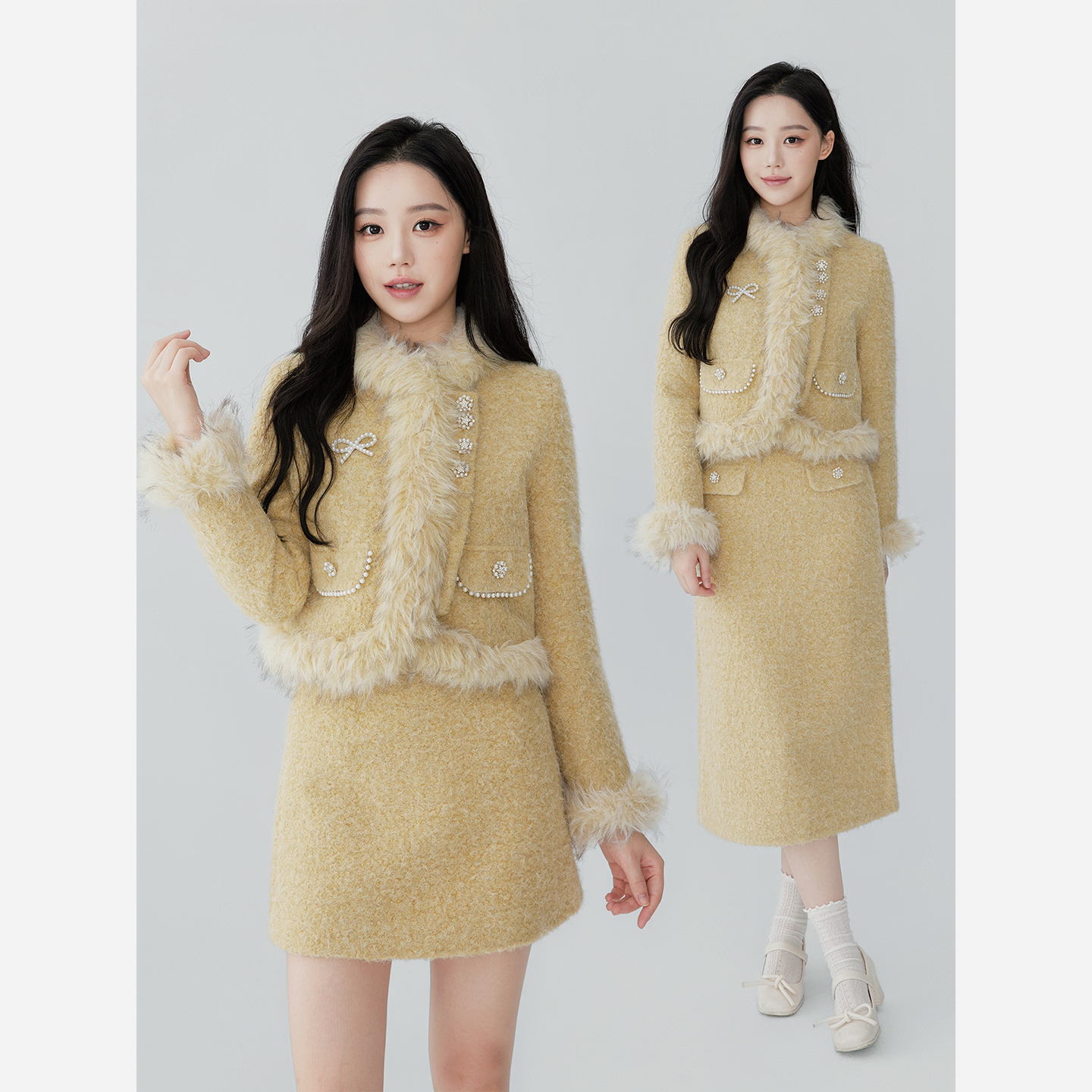 D-GIRLHOOD【晚风落叶】羽绒冬款时尚显瘦长袖小众长短裙套装气质