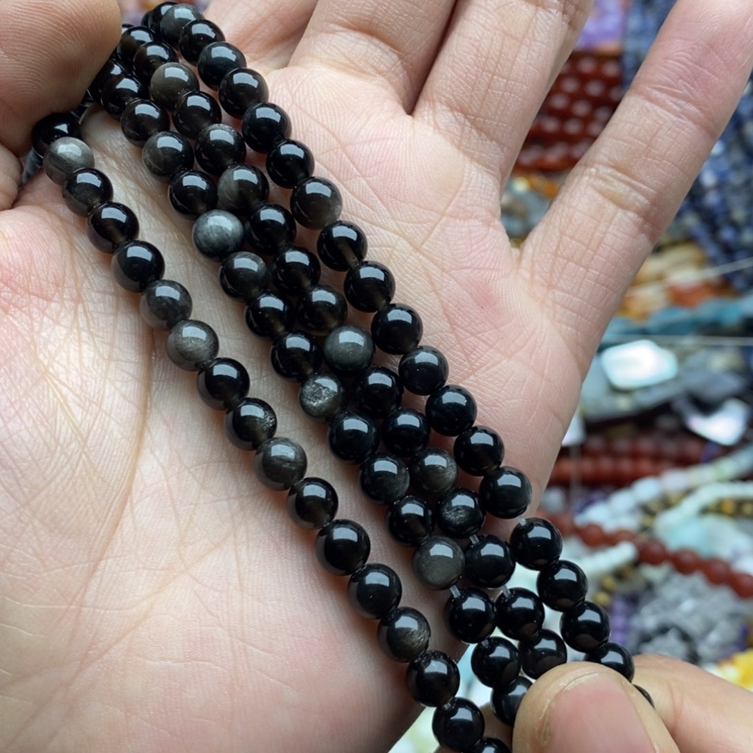 玛瑙/玉髓未镶嵌珠宝半成品一条纯天然6mm+银曜石圆珠