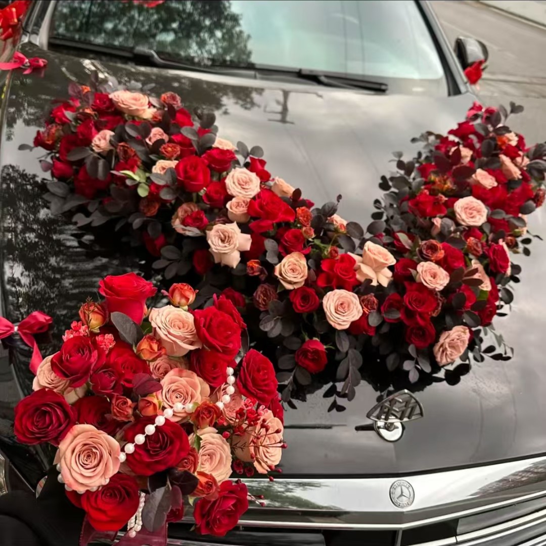 国庆结婚红玫瑰粉色主婚车装饰车头花结婚车队真花布置套装