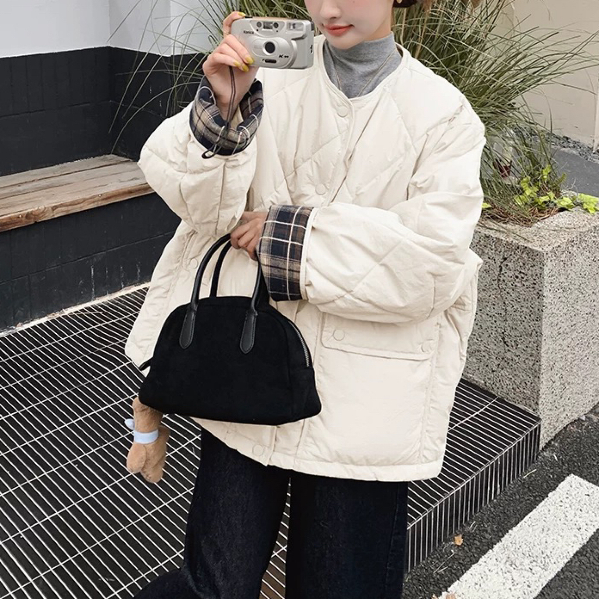 韩系宽松圆领薄款菱格小个子冬季羽绒外套10162