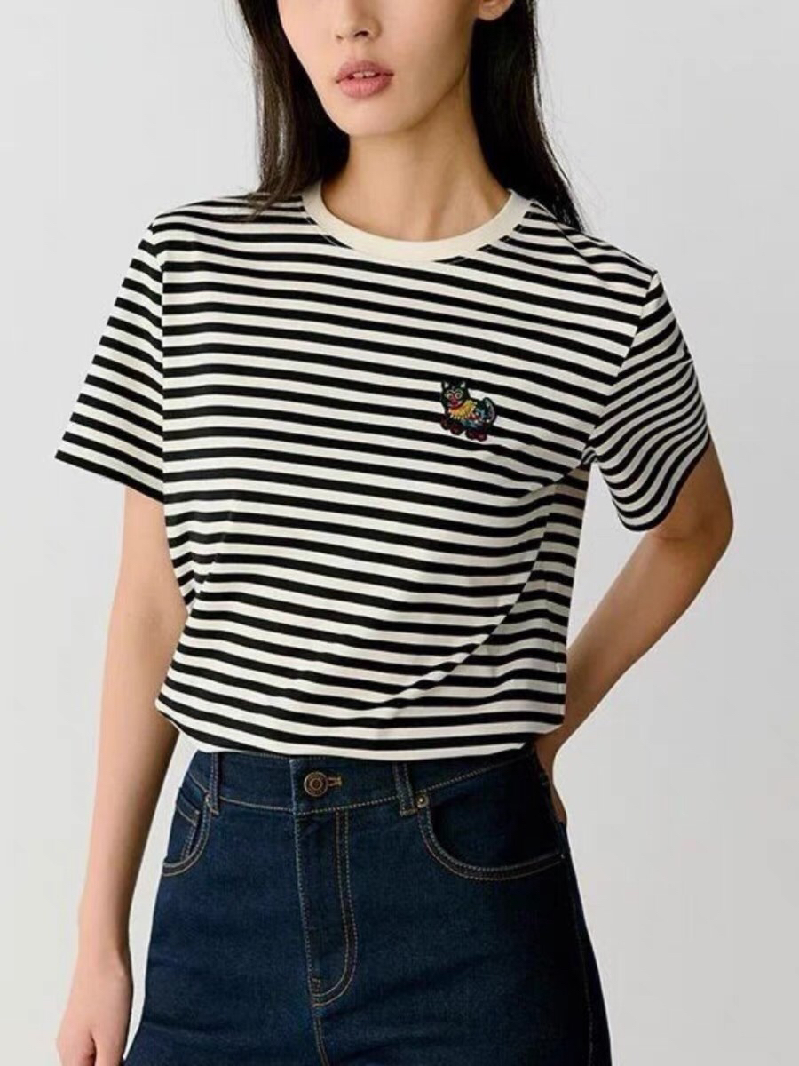 小禾原纱刺绣图案条纹T恤