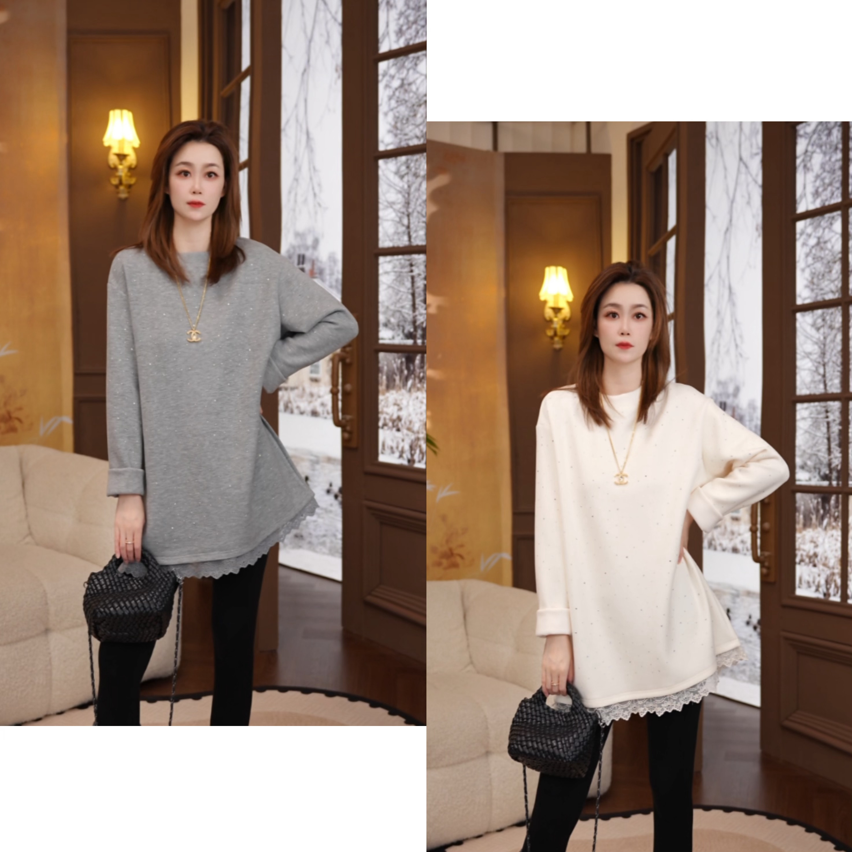 Miss.ZN【烫钻蕾丝羊毛德绒加厚长袖休闲冬季】宽松保暖卫衣#7078