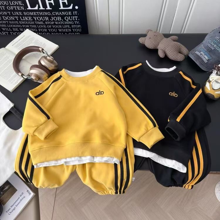 儿童运动套装男童女童秋季炸街假两件卫衣黄色条纹休闲卫裤两件套