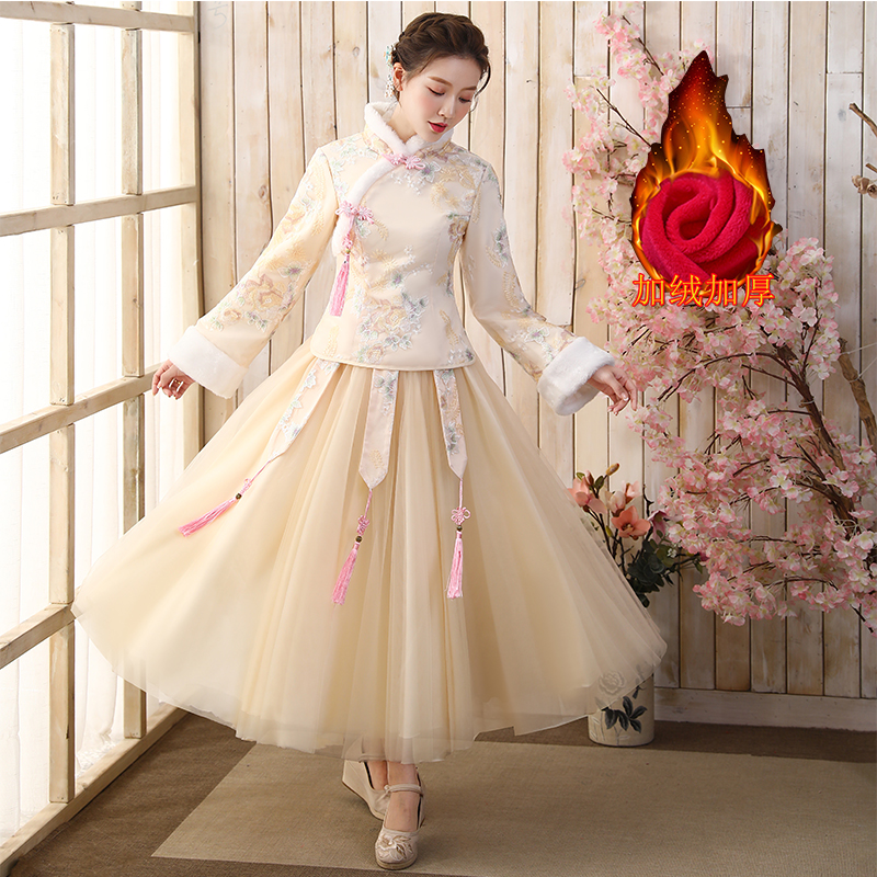 亲子装大人唐装改良新中式加绒汉服套装中国风套装冬款母女装