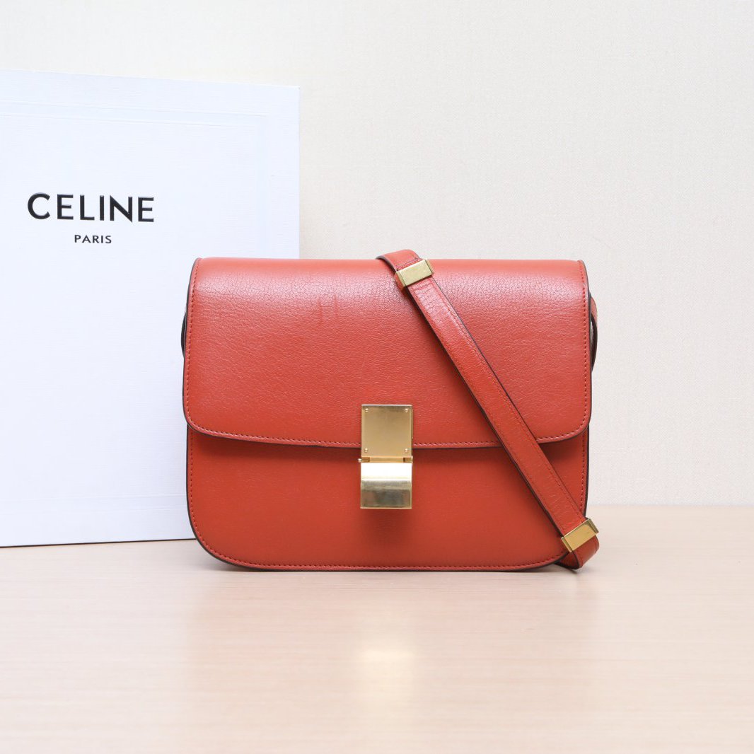 95新 Celine/思琳 新粉黑黑Classic Box 中号 橘色 皮革C 金扣