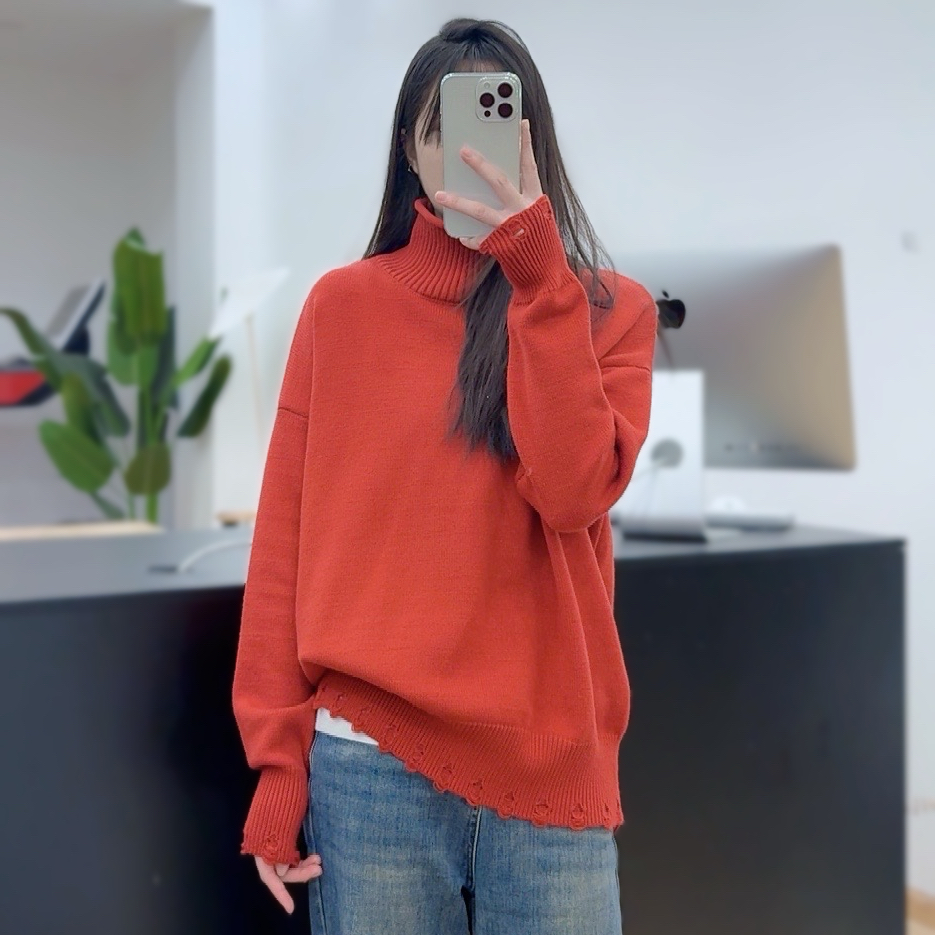 JUANJUAN自制【纯色欧货下摆袖口破洞】设计感百搭高级套头高领毛衣