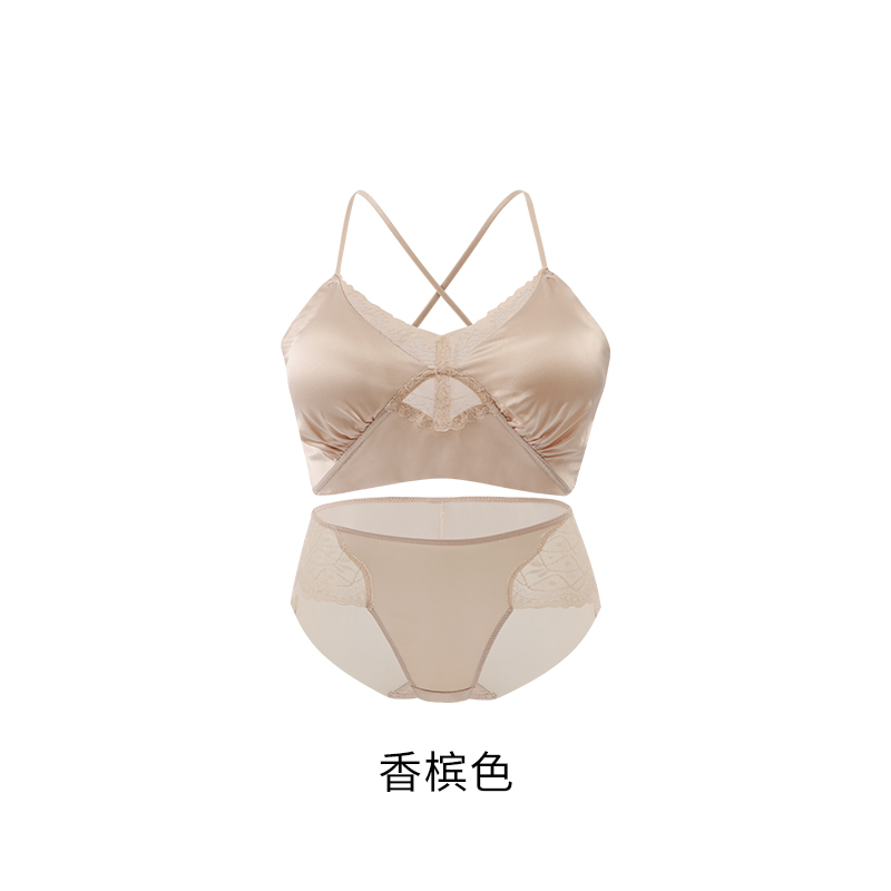【雅然老师专享】缎面桑蚕丝性感交叉绑带文胸套装W0700