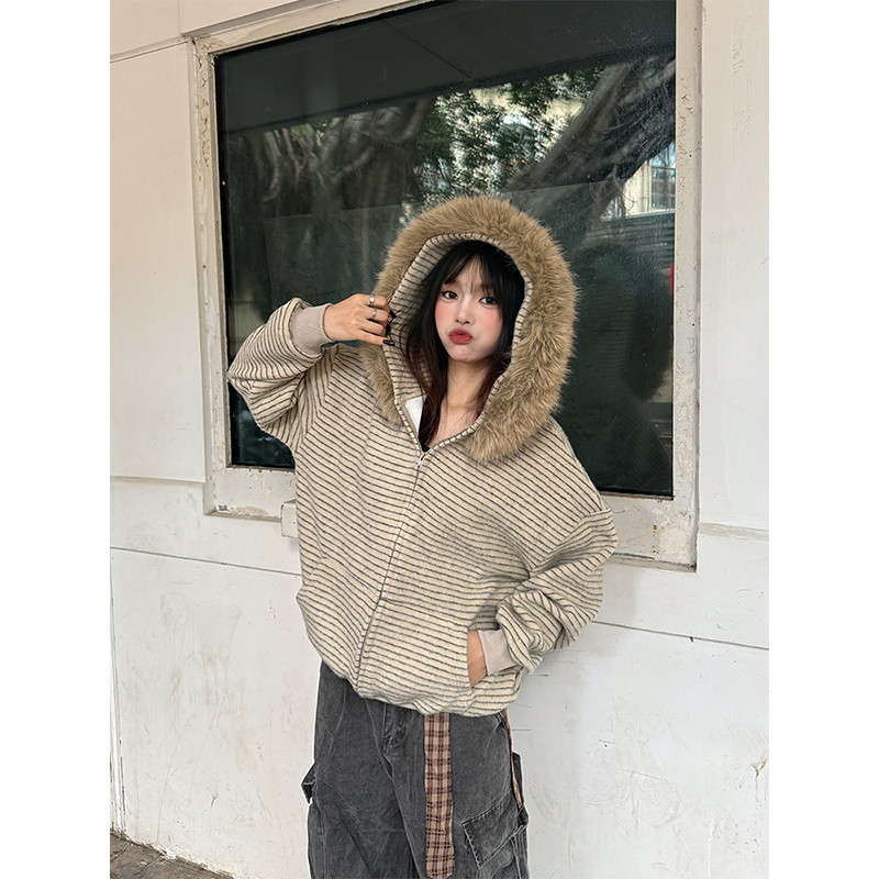 克林菲美式毛呢条纹连帽毛领卫衣外套男女秋冬宽松慵懒风休闲开衫