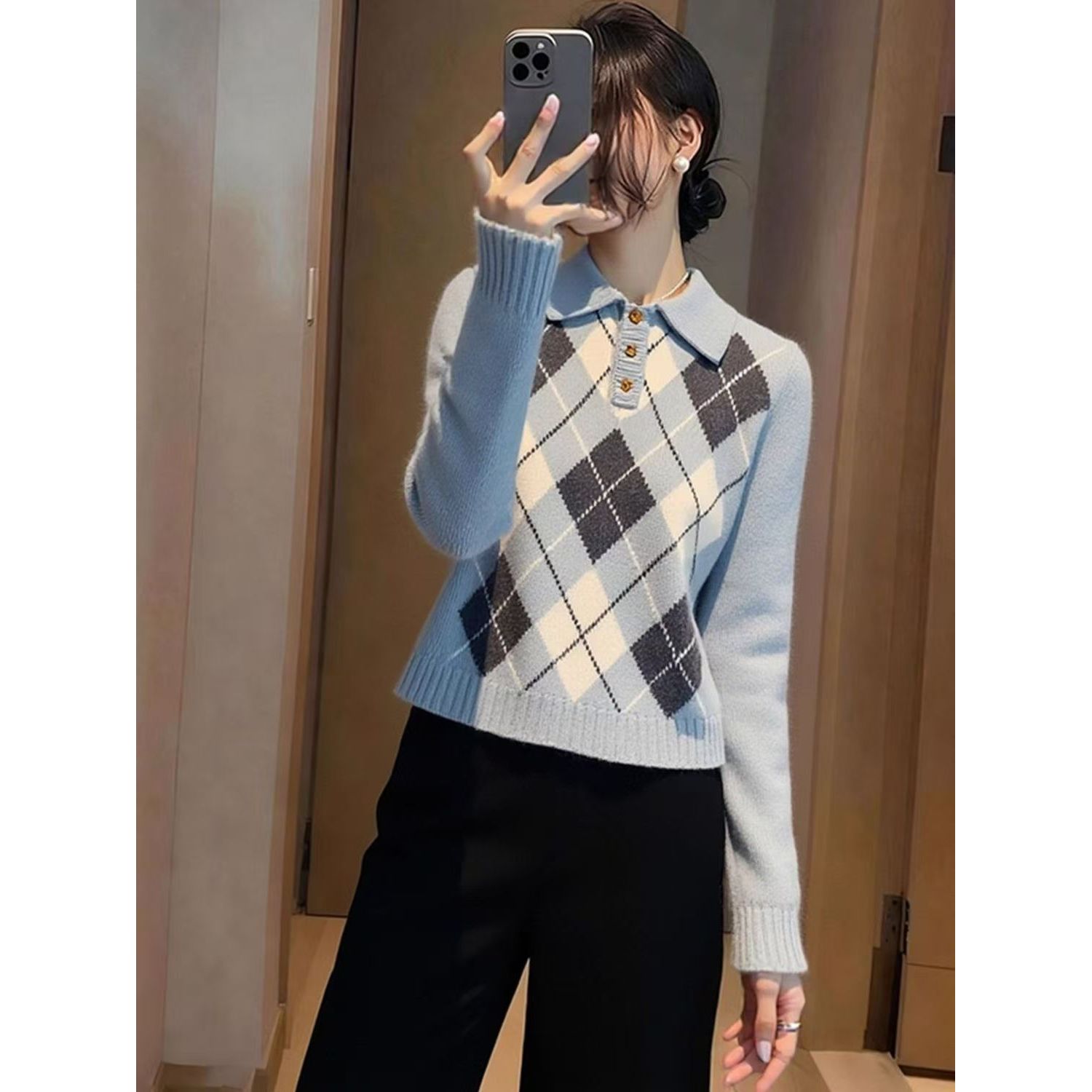 11376-2512毛衣女菱格学院风宽松型纹针织衫上衣