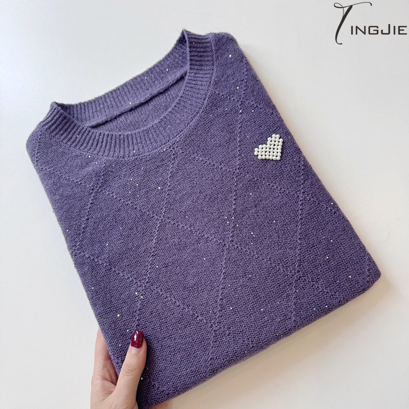 【星空紫】2025新款菱形爱心订珠短袖针织圆领套头毛衣上衣B367