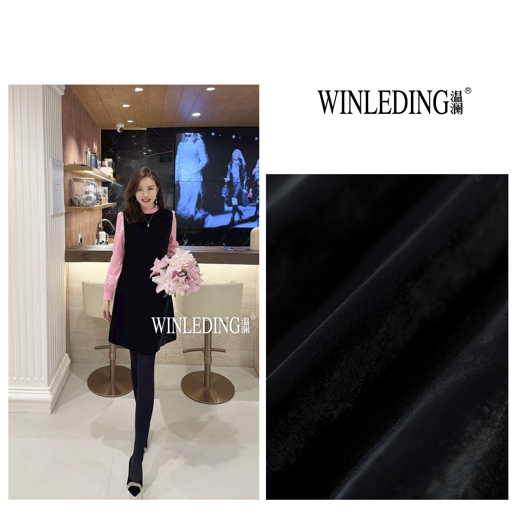 温澜服饰·雅“黑玫”撞色丝绒长袖连衣裙30161