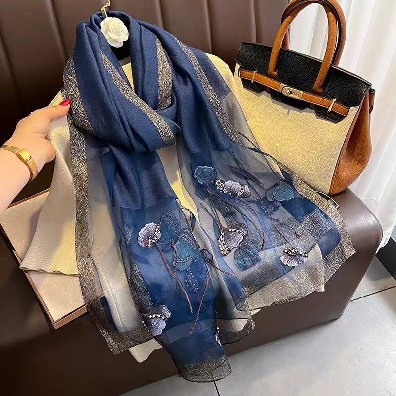 藏青色香蜜 刺绣款时尚百搭国风 围巾披肩  175*75左右