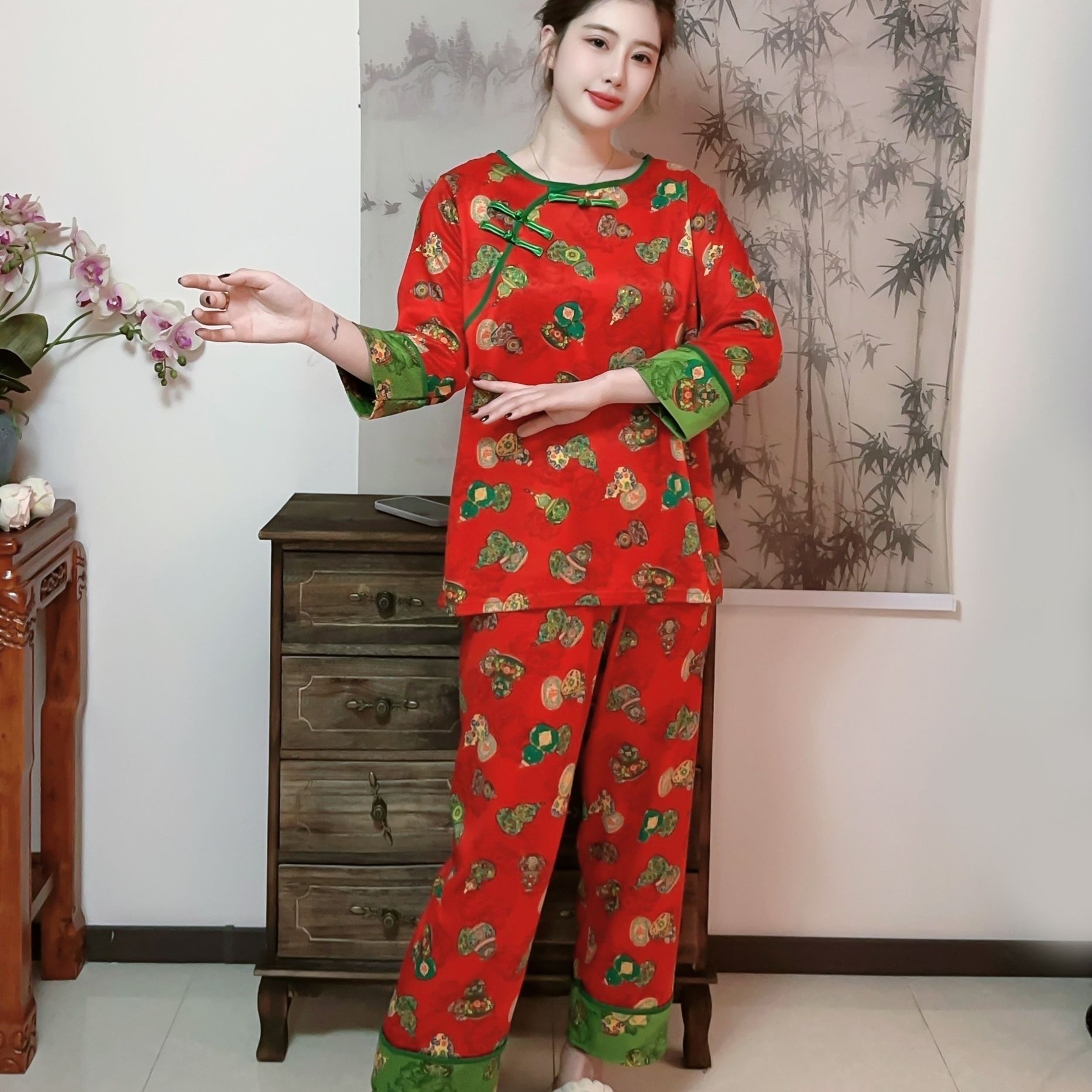 【李北北】秋冬双面绒睡衣福禄双全国风宽松大码女家居服套装#571-2