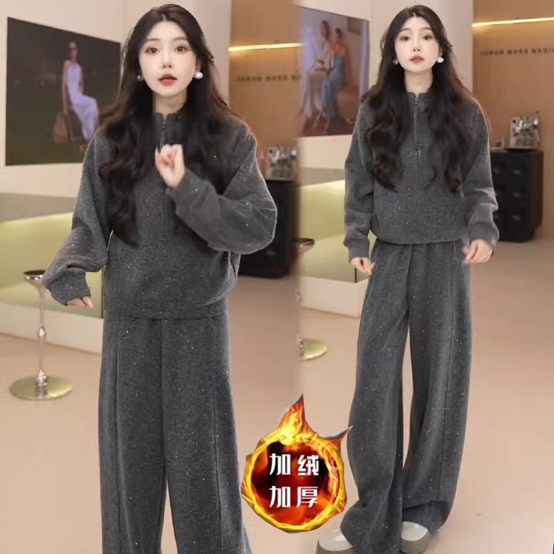 拉夏贝尔秋冬季淡人穿搭一整套女2025新款加绒加厚休闲运动两件套