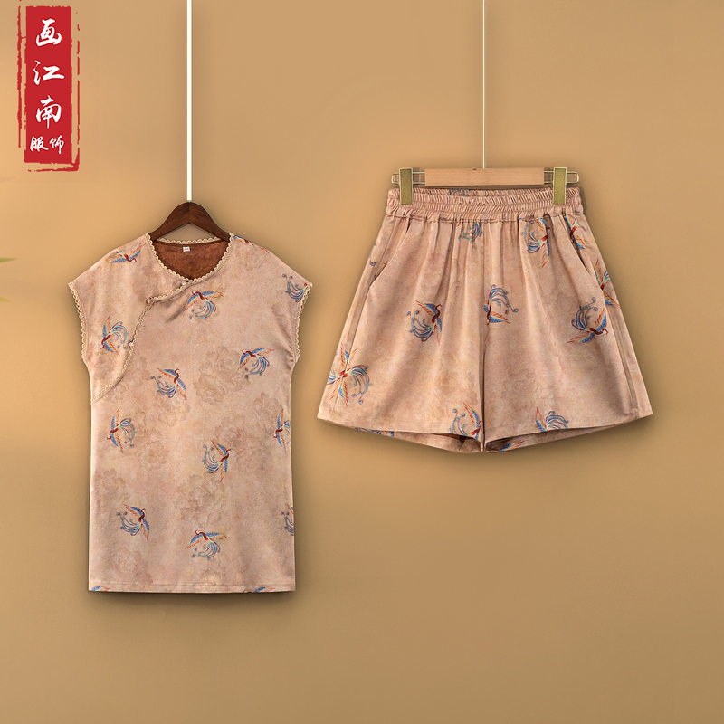 【汐凤】2025新款夏季新中式圆领提花短袖上衣+短裤国风两件套装女
