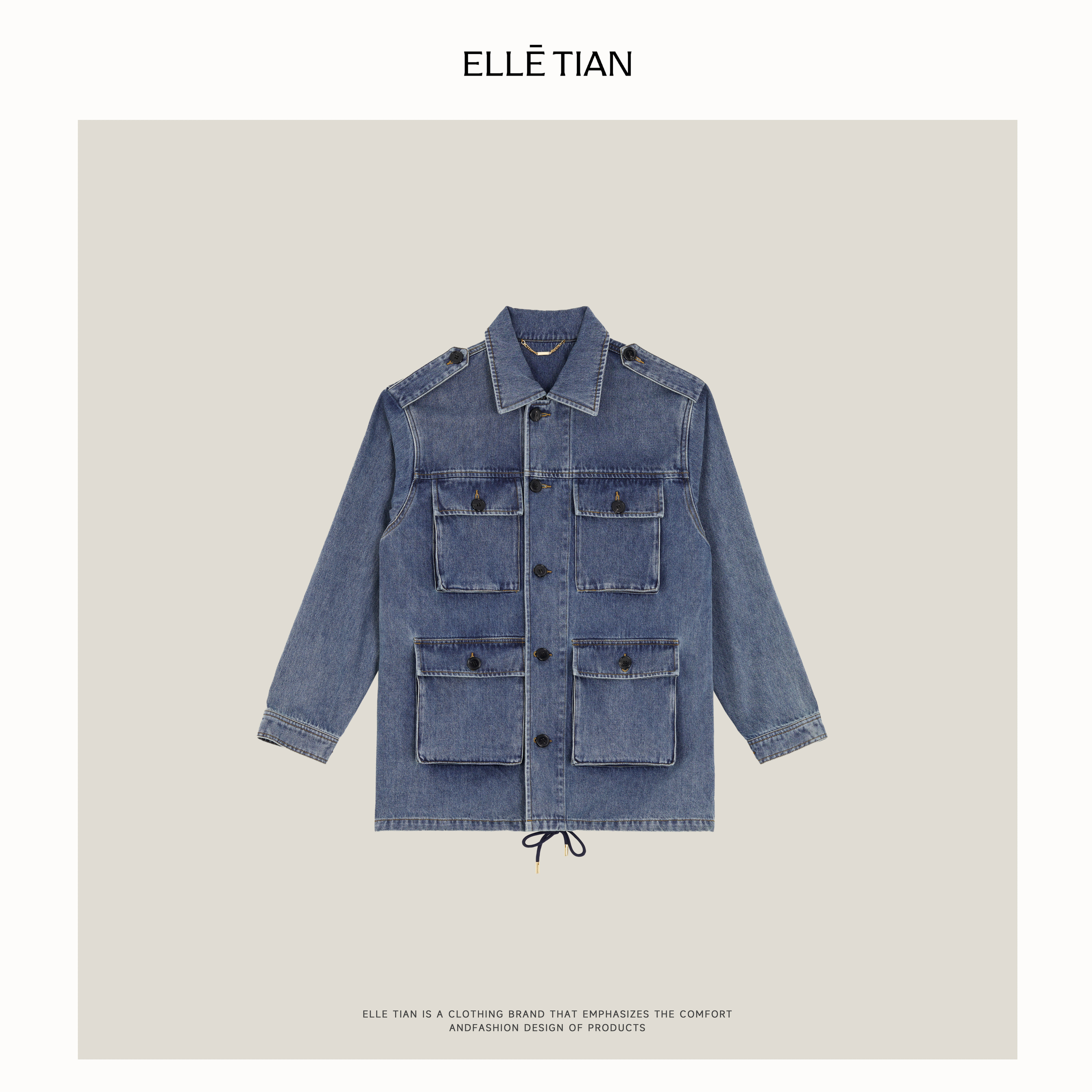 ELLETIAN "飞行日志"100棉设计感口袋牛仔外套EAQQ014