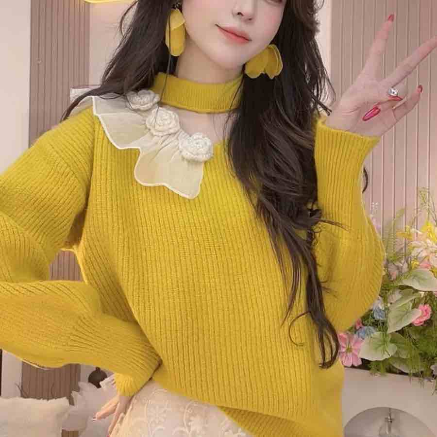 韩系温柔风甜美挂脖钩花针织衫秋冬新款氛围感气质百搭上衣