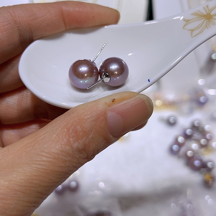 淡水珍珠紫珠耳钉银S925镶嵌