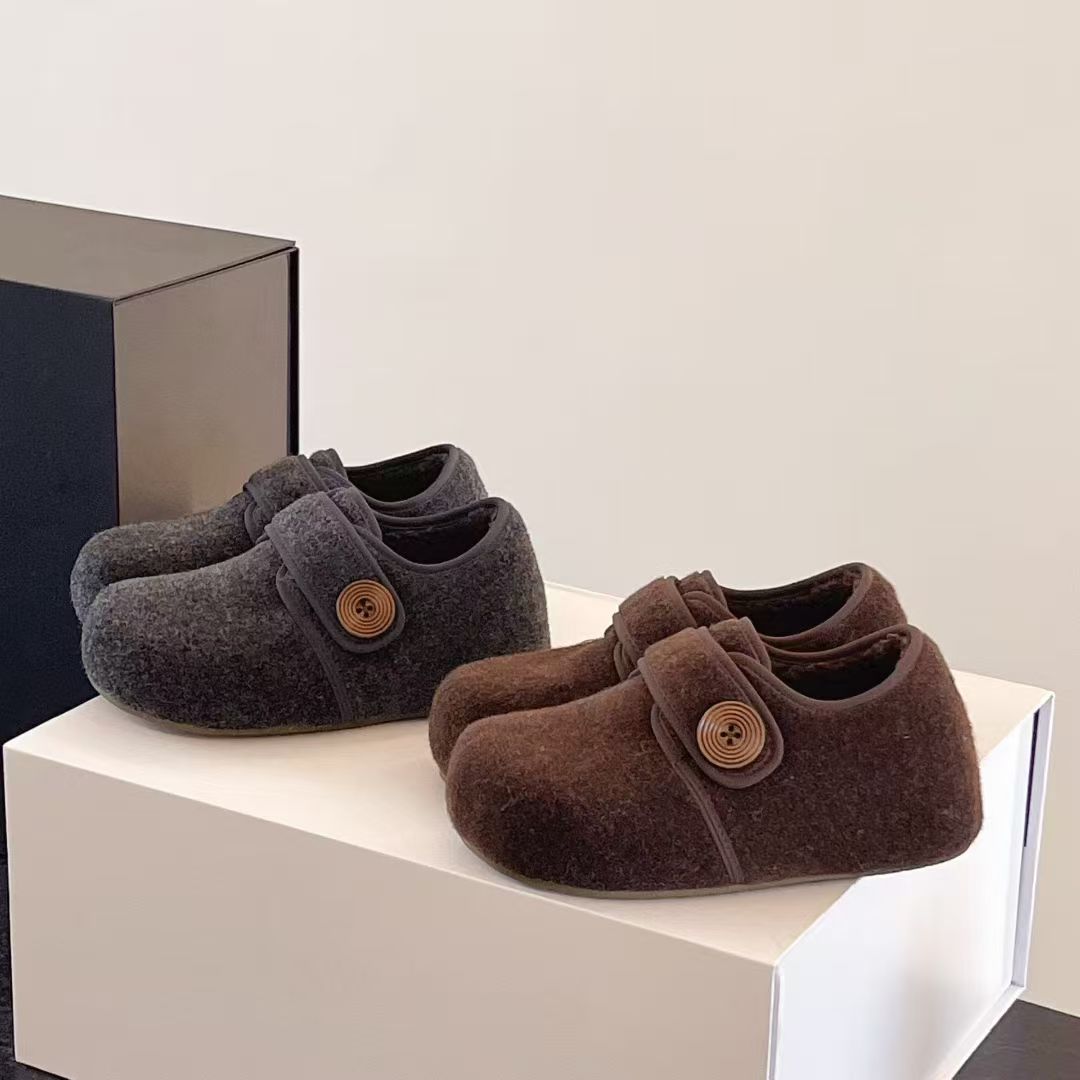 3125冬季新款圆头舒适时尚勃肯鞋女木扣毛毛鞋慵懒保暖加绒豆豆鞋