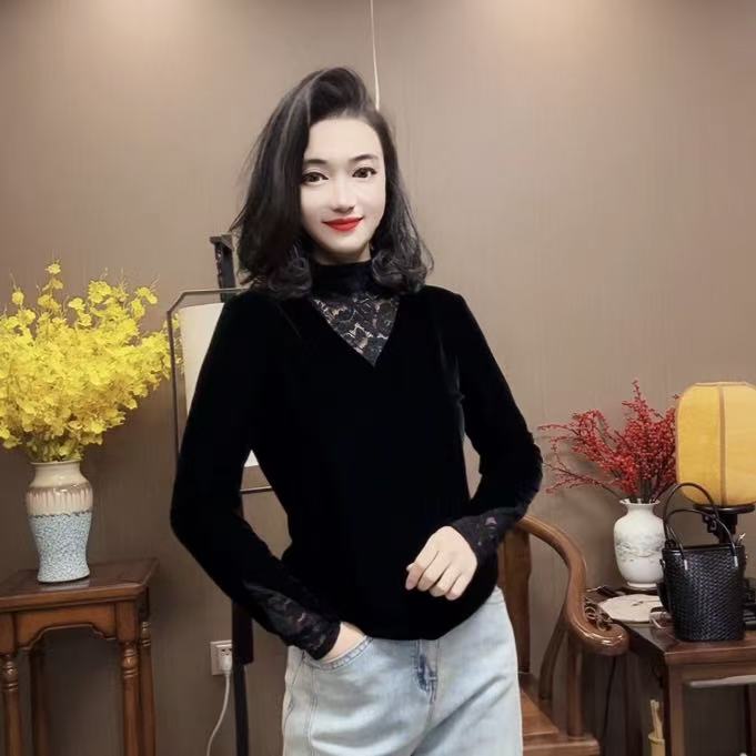 【峰姐优品】1663【NY】花网蕾丝拼接丝绒衫