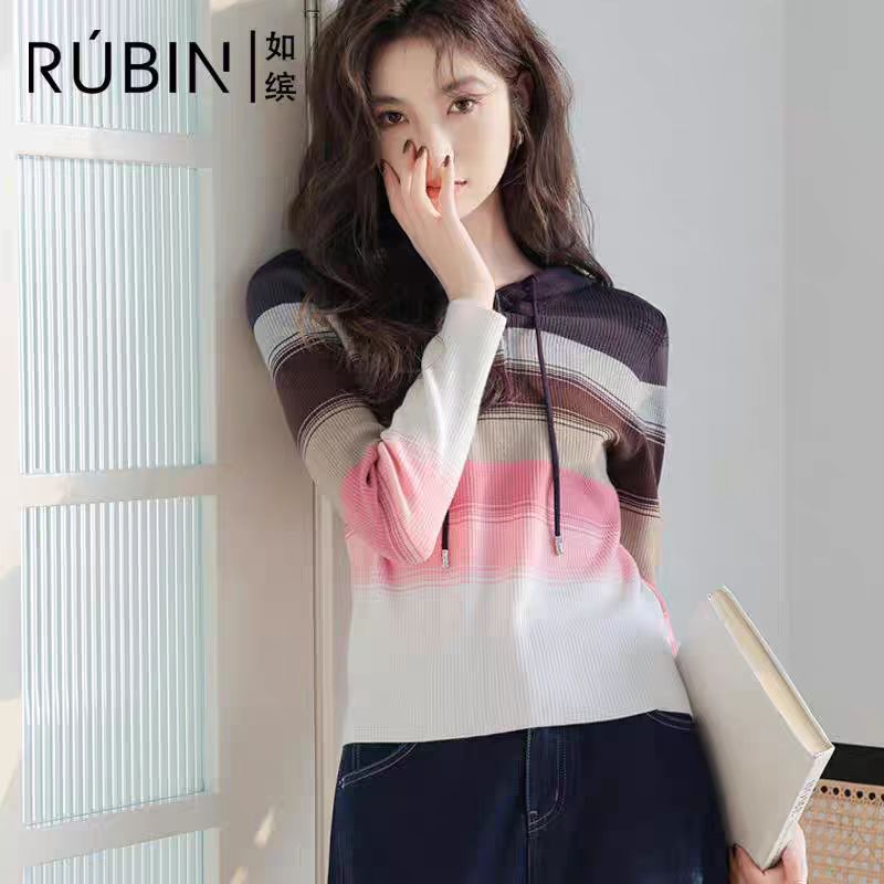 欧美风女连帽毛针织衫百搭撞色衫时尚休闲打底衫套头上衣