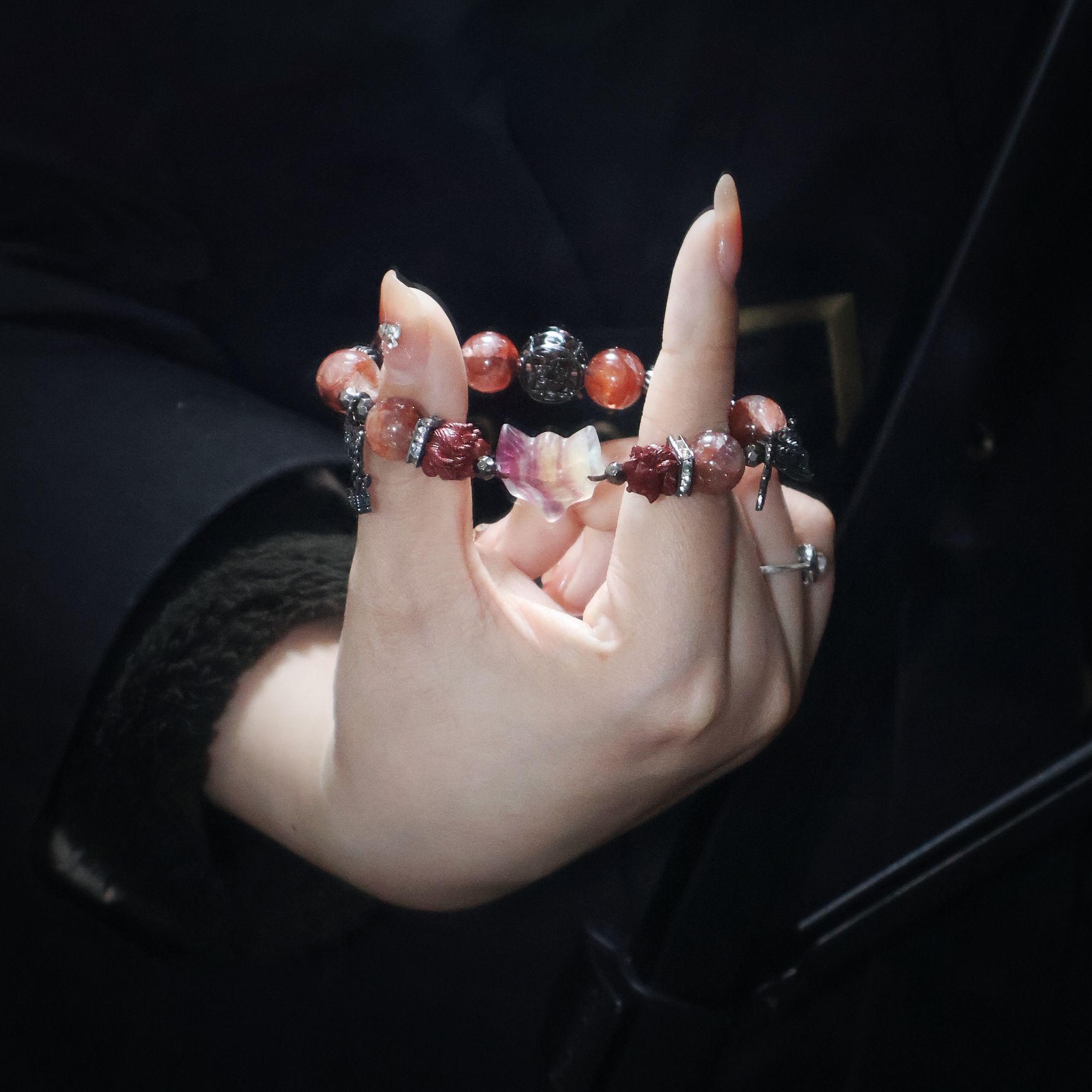 铜合金手链 红胶花狐狸面单圈独立设计师设计无同款小众独特