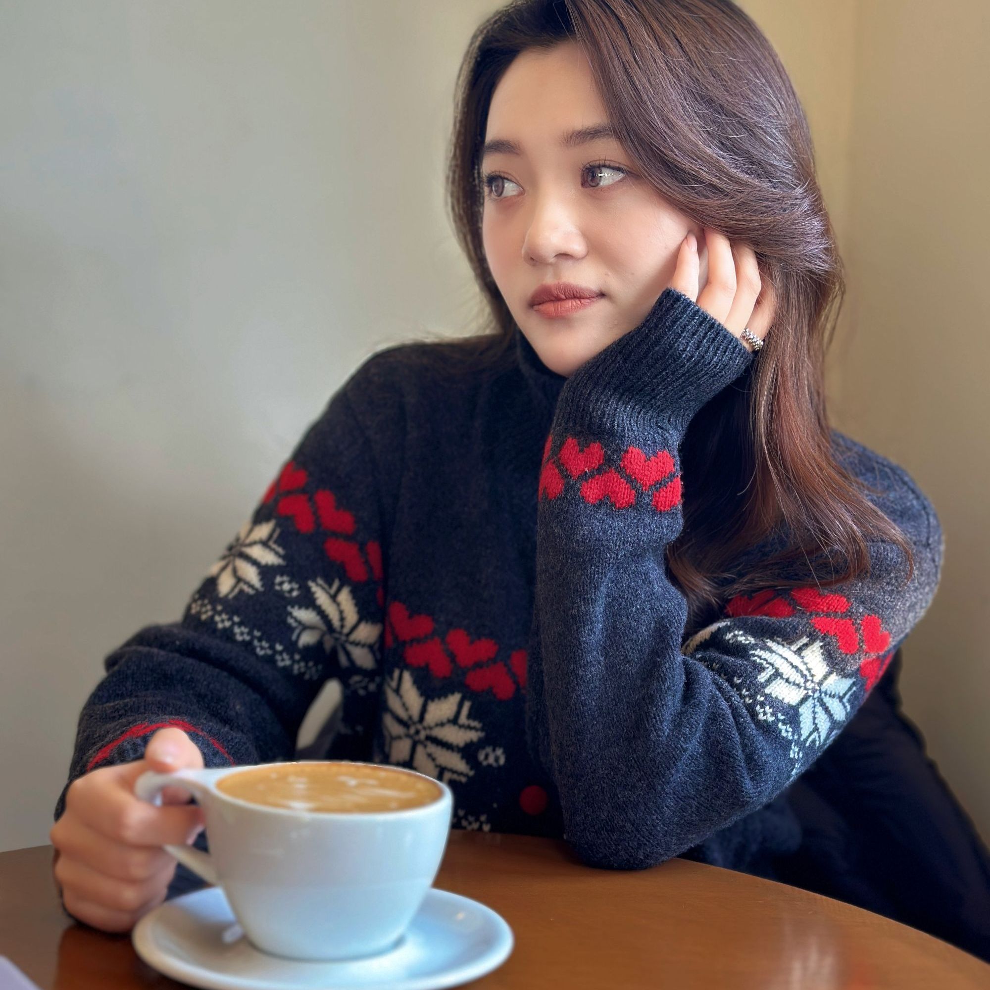 【雪莓】100%绵羊毛费尔岛爱心提花针织开衫显瘦女