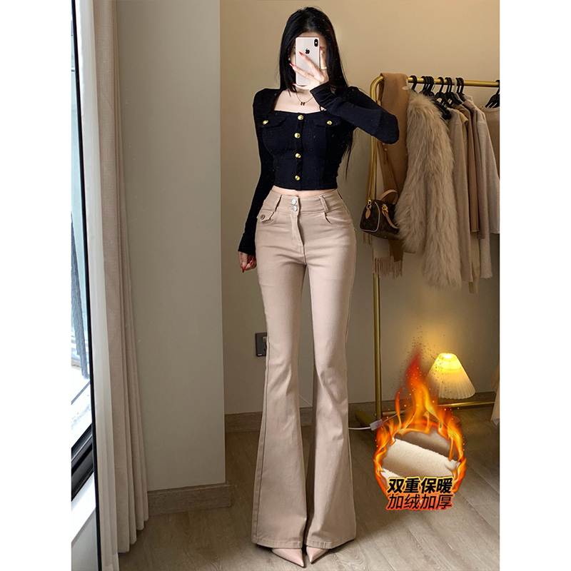 韩漫掐腰加绒微喇牛仔裤女2025冬季新款双扣高腰显瘦提臀百搭长裤
