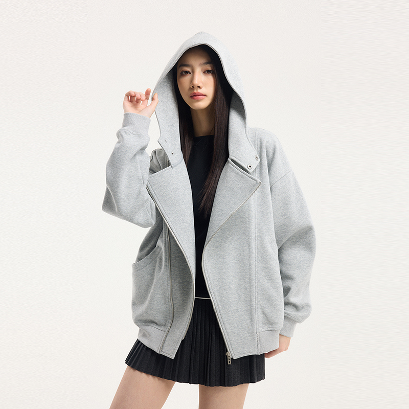 BONELESS春季2025新款机车连帽拉链开衫卫衣铁标logo宽松潮牌外套