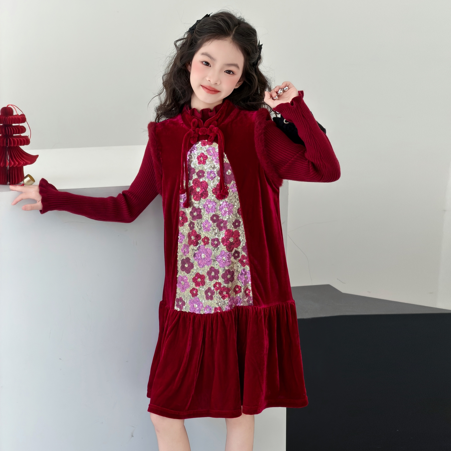 女童秋冬款新中式红色丝绒连衣裙套装中大童公主裙儿童冬装裙子潮
