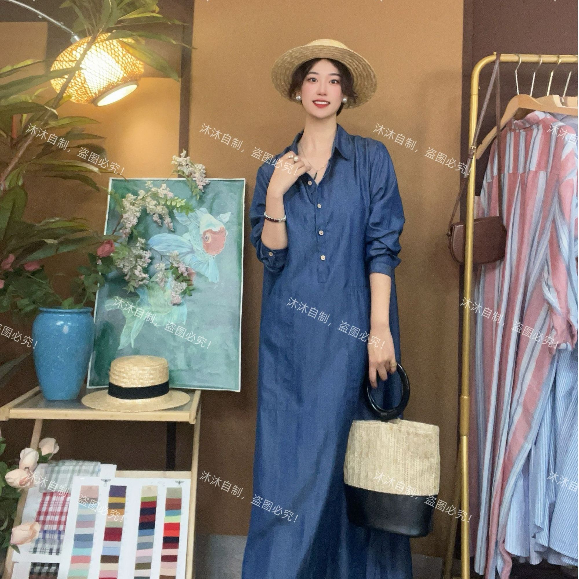 【沐沐自制】X538 夏*质感*天SI牛仔*气质显瘦*宽松*长袖衬衫连衣裙