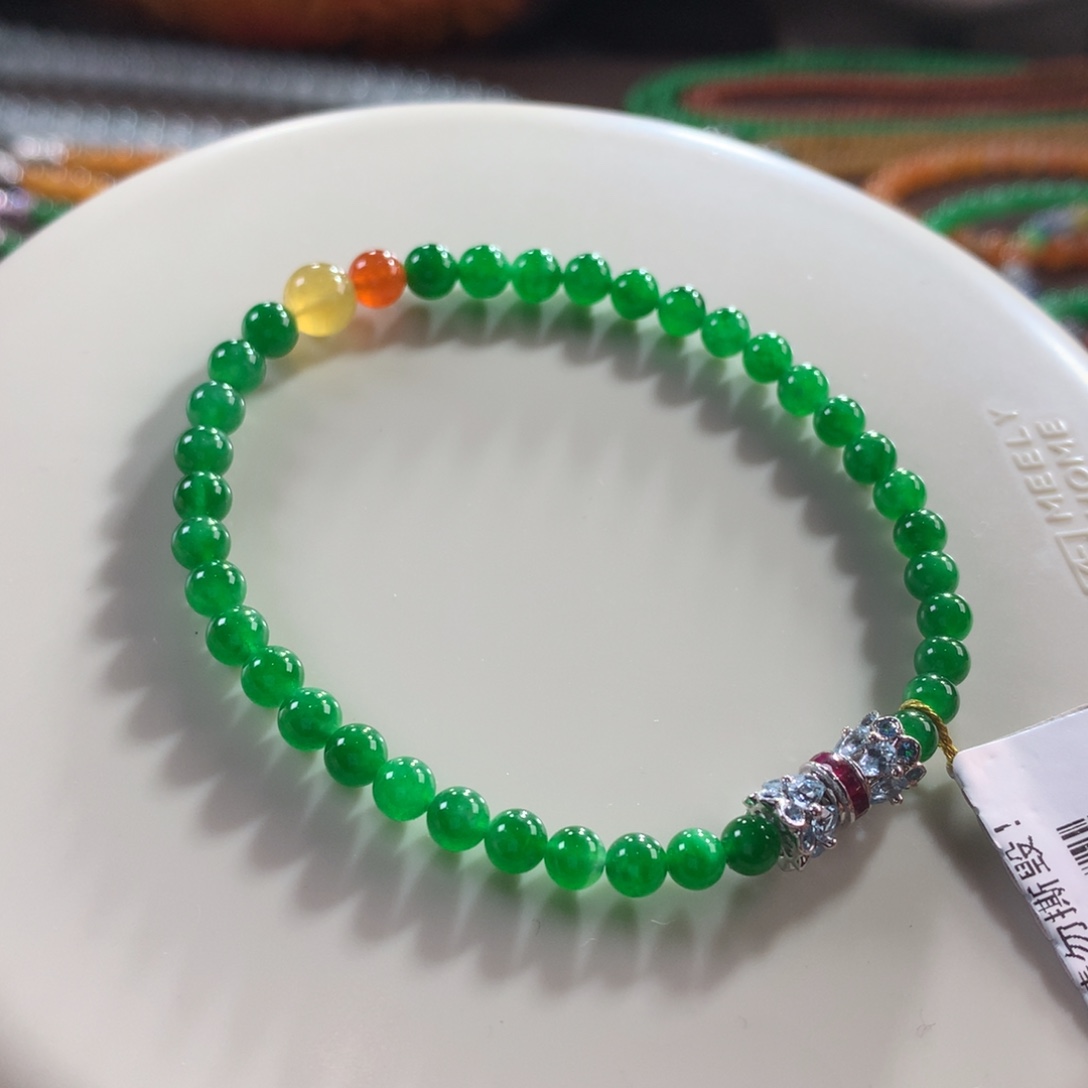 翡翠未镶嵌手链性价比•满色无包容色标浓阳绿手链 卡4~6