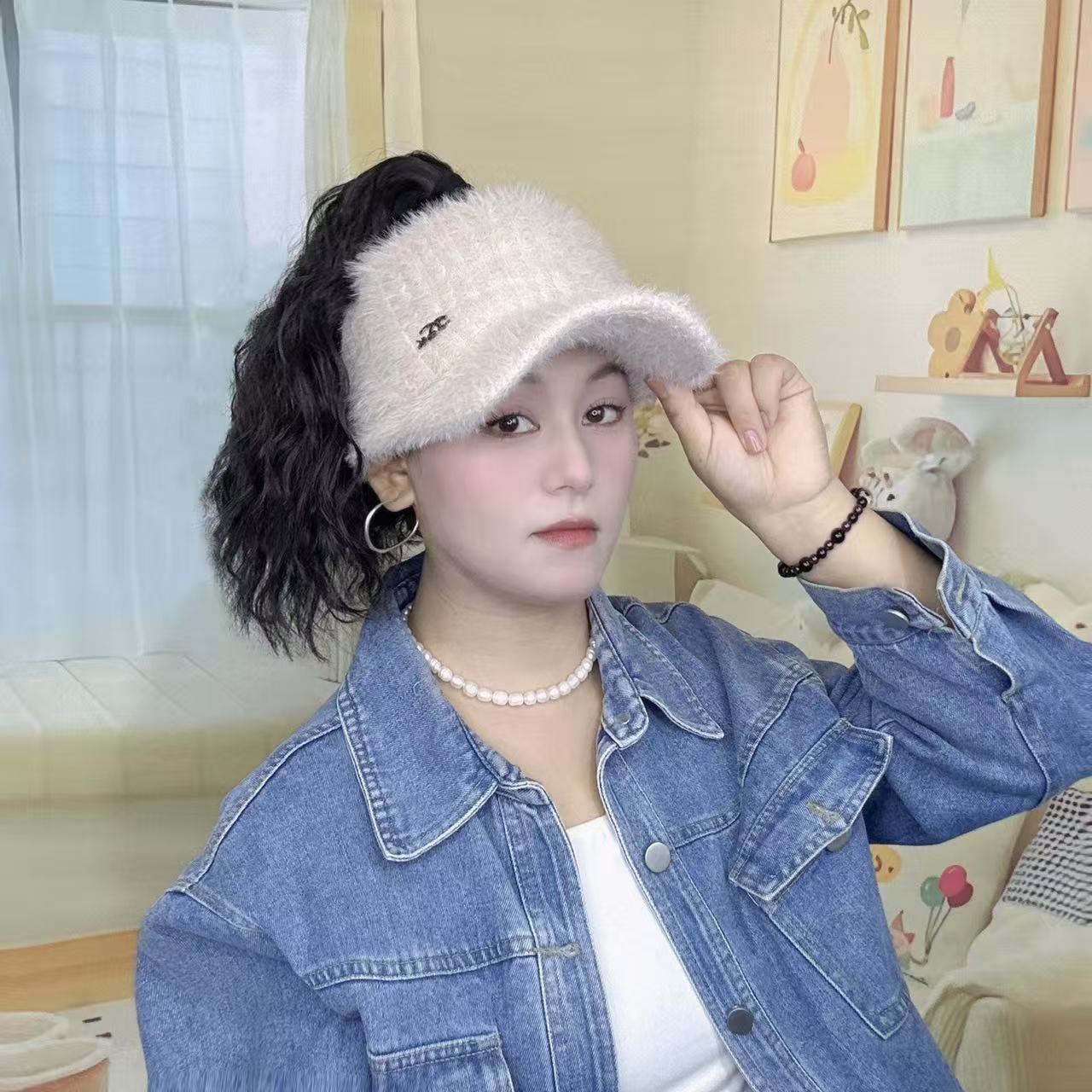 帽子假发冬季厚加绒小标毛线帽马尾假发一体高扎羊毛卷发帽子
