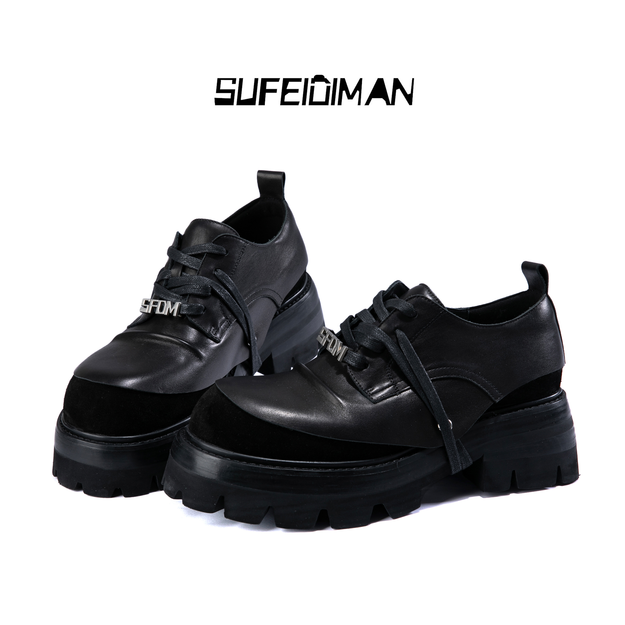 素菲迪缦鞋子休闲设计师男鞋系带圆头厚底小众时尚双层皮百搭男款