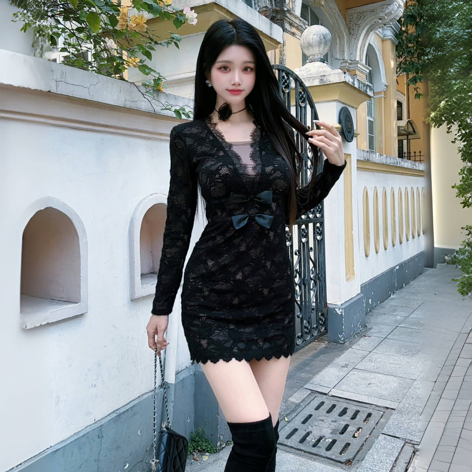 （柔娜定制）显瘦气质黑色性感法式修身包臀蕾丝连衣裙NN0026