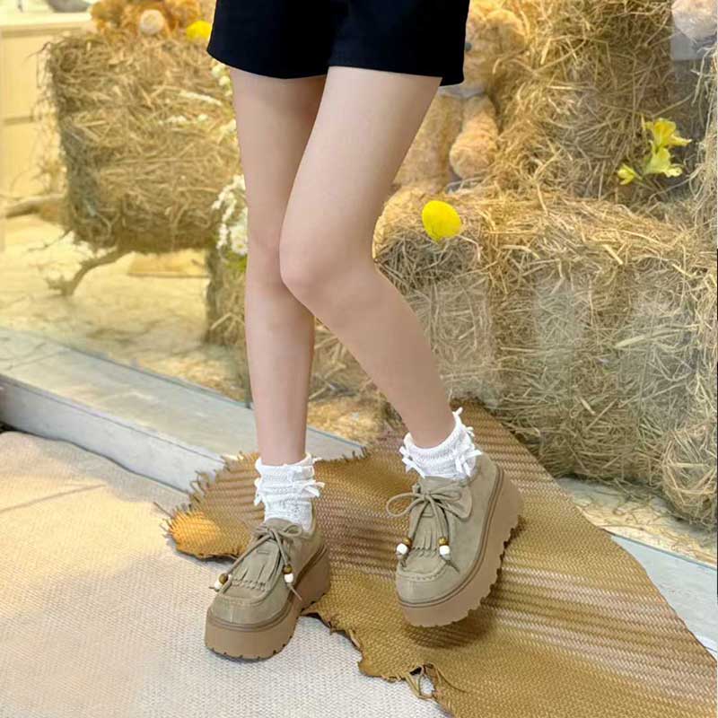 矮子乐全包勃肯鞋女2025秋季新款松糕厚底增高乐福鞋复古系带单鞋
