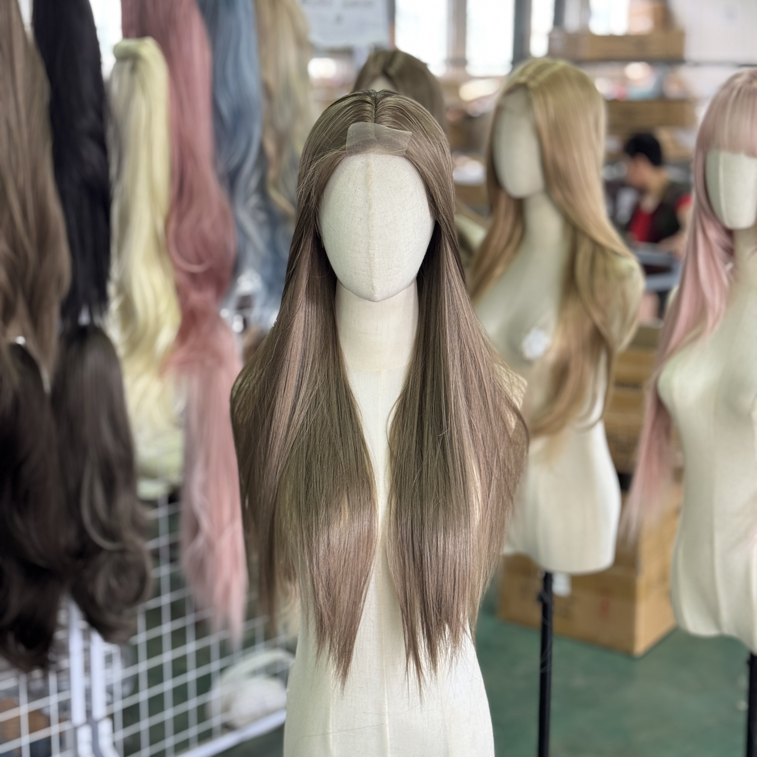 亚麻灰棕小额蕾丝中分长直发自然防真小额蕾丝全头COS假发全头套