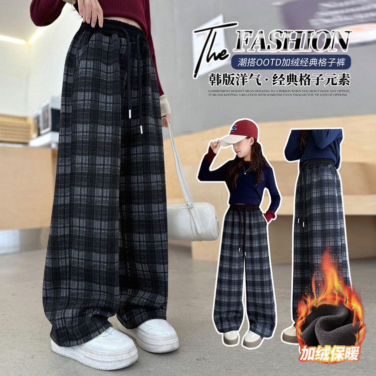 【糖】女童秋冬装2025新款韩版洋气中大童直筒格子加绒休闲裤