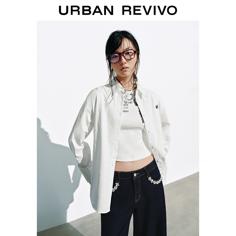 UR2025秋季新款女装简约日常通勤刺绣棉质开襟衬衫UYB250010