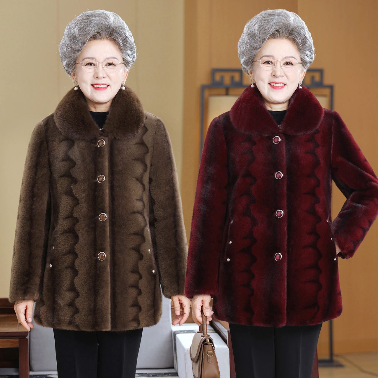 奶奶冬季新款加绒加厚保暖大衣中老年女高档厚外套