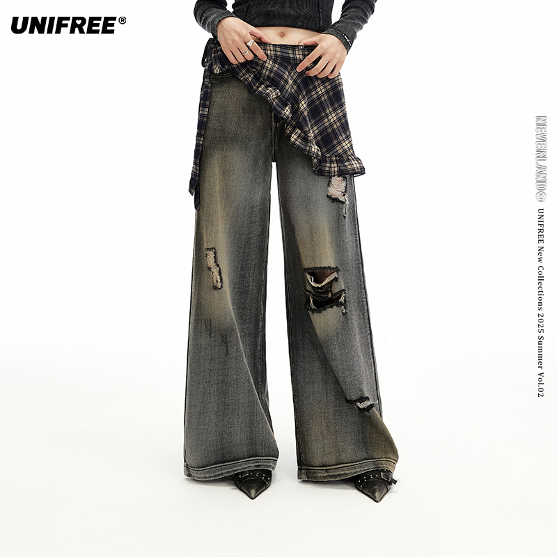 UNIFREE灰色做旧脏染牛仔裤新款美式辣妹破洞宽松直筒阔腿拖地裤