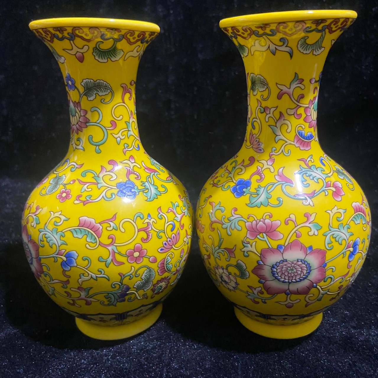 精品中式陶瓷器花瓶摆件客厅博物架装饰品黄底手工手绘明黄色彩瓶