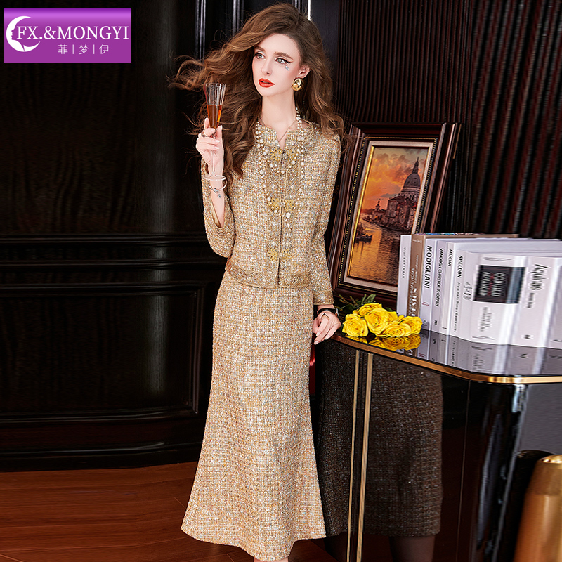 菲梦伊小香风女冬季名媛钉珠无袖连衣裙原创新款时尚套装67197