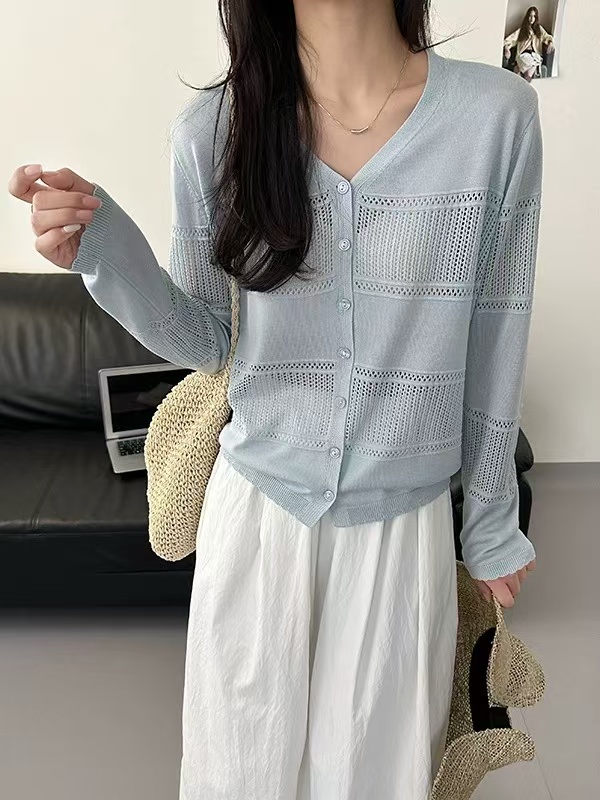 韩系简约时尚百搭V领镂空针织开衫H8976