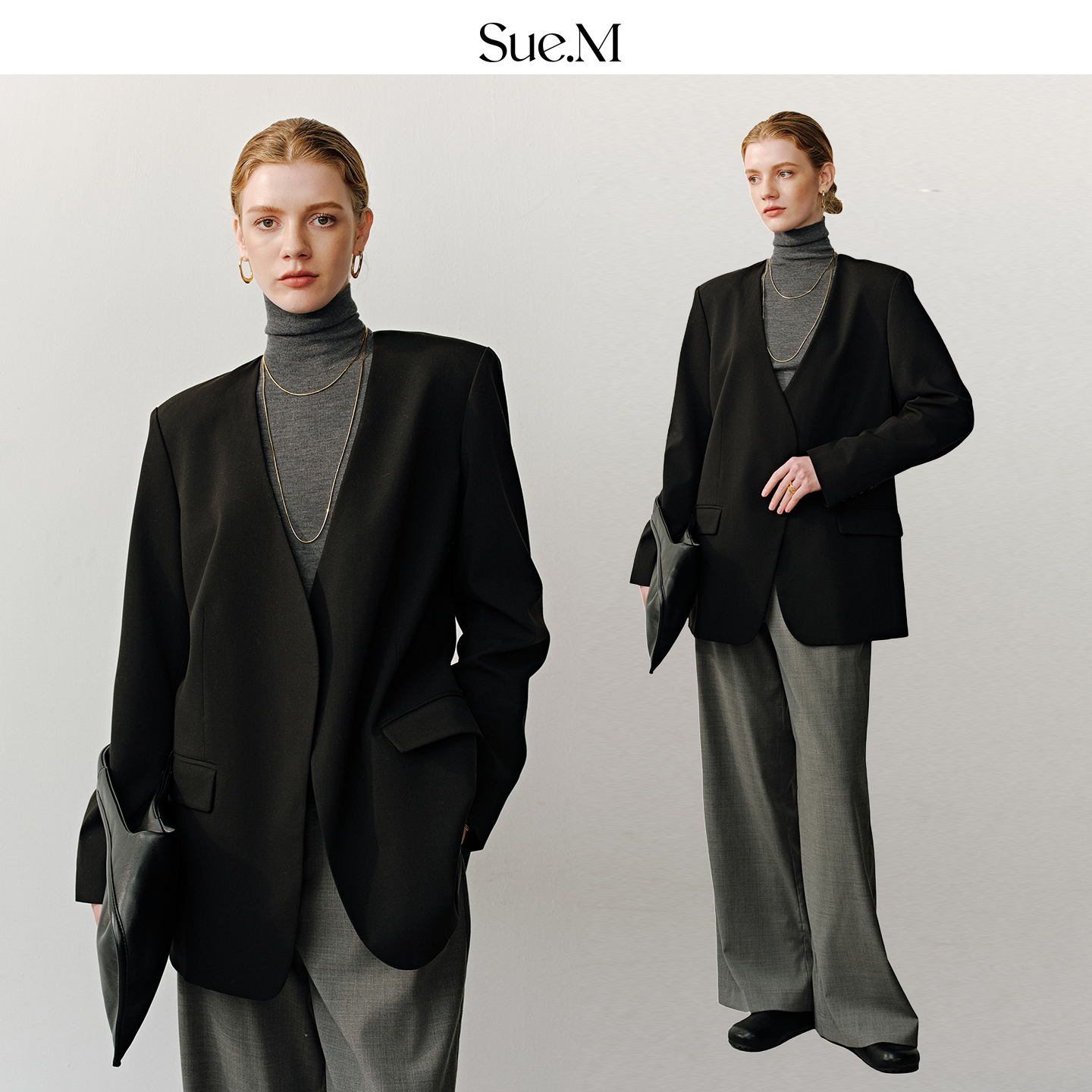 Sue.M 经典ROW风无领黑色西装25秋冬西服女SM52AWXS004