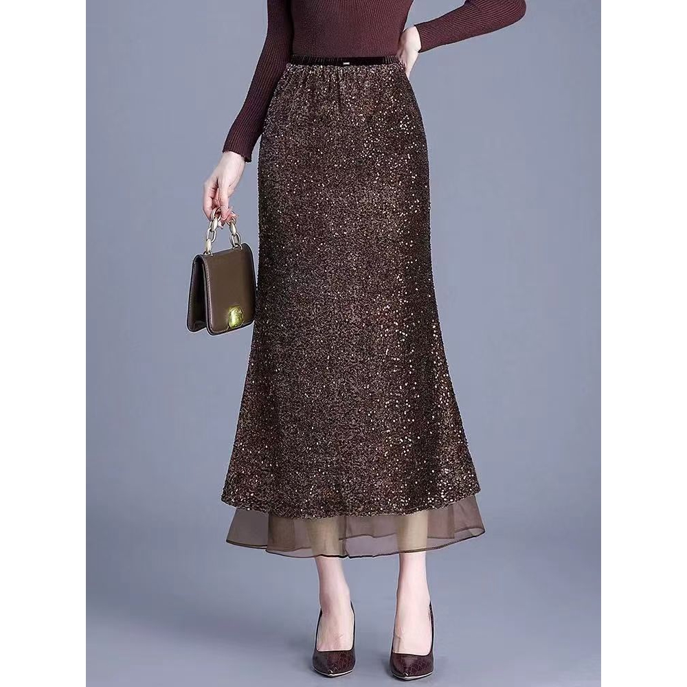 001半身裙女春秋新款气质长裙小香风网纱边显瘦包臀裙子